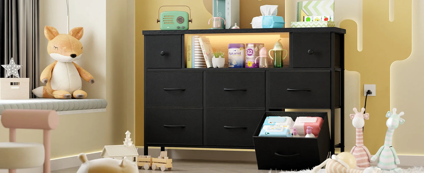 Dresser for Bedroom with Power Outlets and LED Lights, Black 55" TV Stand with 8 Drawers, Fabric Chest