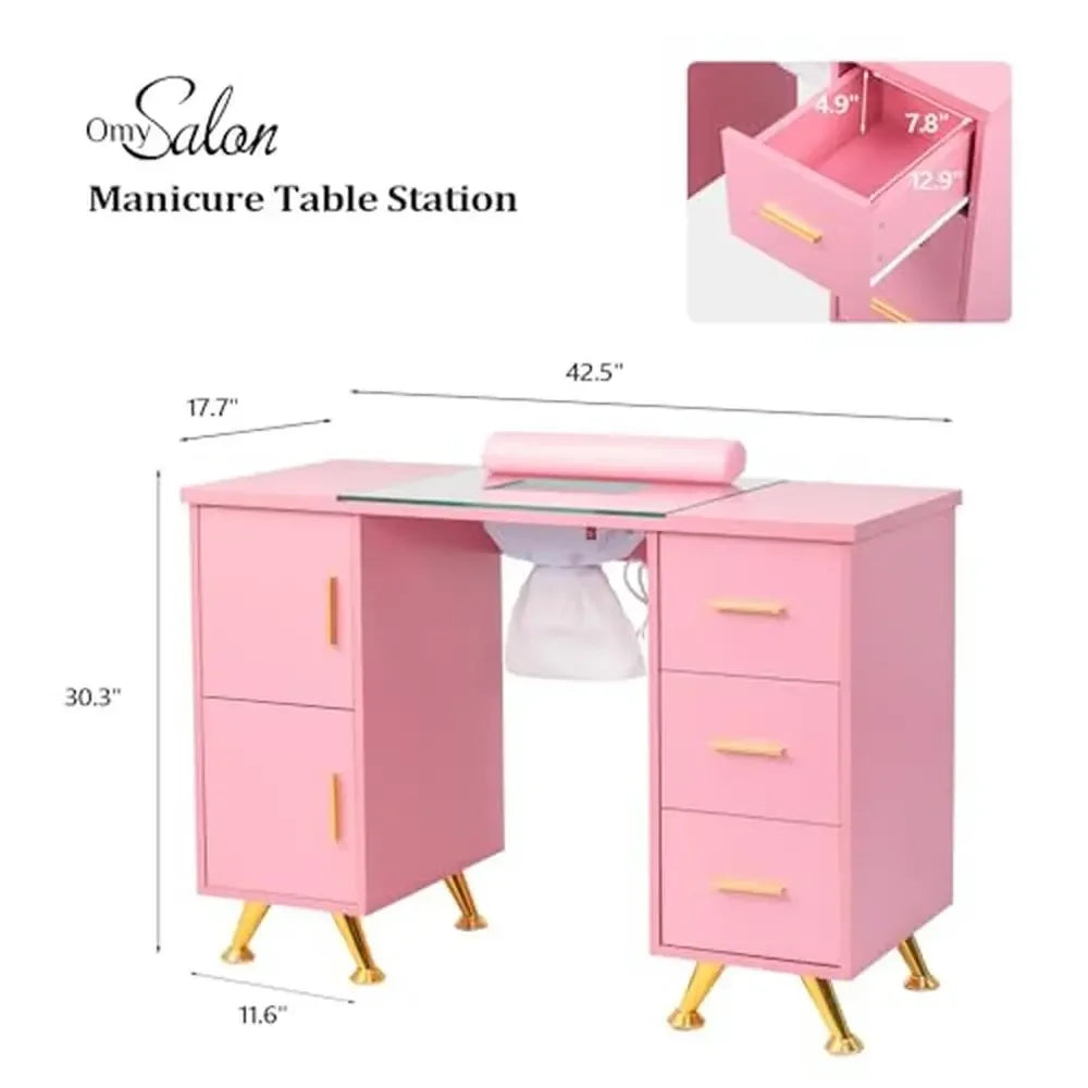 Nail Tech Manicure Table w/ Glass Top & Dust Collector Beauty Salon Desk Decor Workstation 2 Cabinets & 3 Drawers Storage