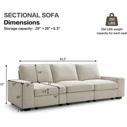 Modular Sectional Sofa Couch with Storage& USB Port, Chenille Couches for Living Room, 3 Seater Couch with Deep Seat