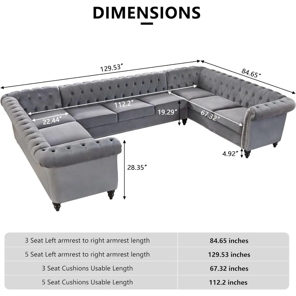 L-Shaped Sofa, Sectional Chesterfield Couch 5-Seater Velvet Upholstered Tufted Sofa with Rolled Armrest for Living Room