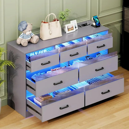 7 Drawers Dresser for Bedroom, Large Chest of Drawers with LED Light, Modern Dresser with USB & Type-c Charging Ports