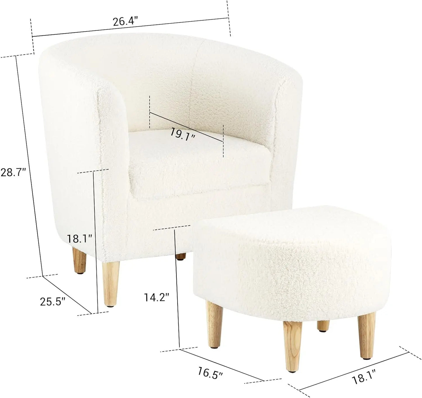 Fauteuil d'appoint, chaise Sherpa, canapé tonneau blanc moelleux en peluche avec repose-pieds ottoman, ensemble de salon confortable, ensemble de 1/2