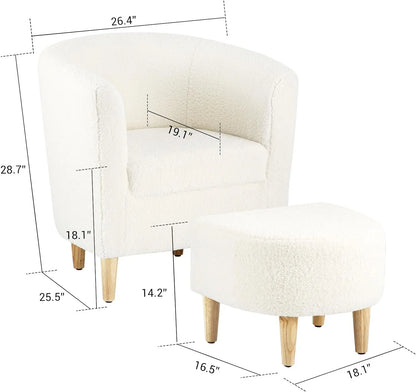 Fauteuil d'appoint, chaise Sherpa, canapé tonneau blanc moelleux en peluche avec repose-pieds ottoman, ensemble de salon confortable, ensemble de 1/2