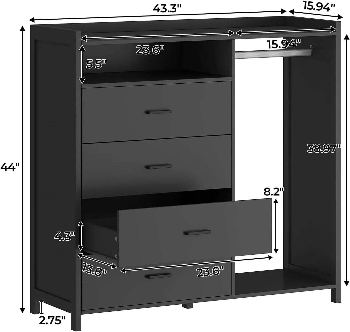 Dresser for Bedroom with Clothing Rack, Dressers& Chests of Drawers, 4 Drawer Dresser with LED Lights,Modern Long Led Dresser