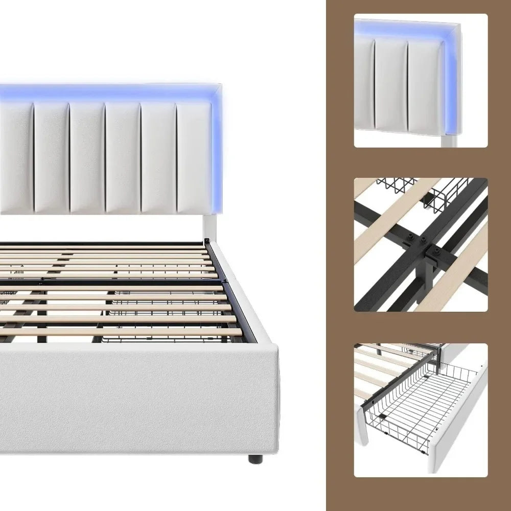 Upholstered Bed Frame With Faux Leather Headboard Strong Wooden Slats Support No Box Spring Needed White Twin Bed Frame