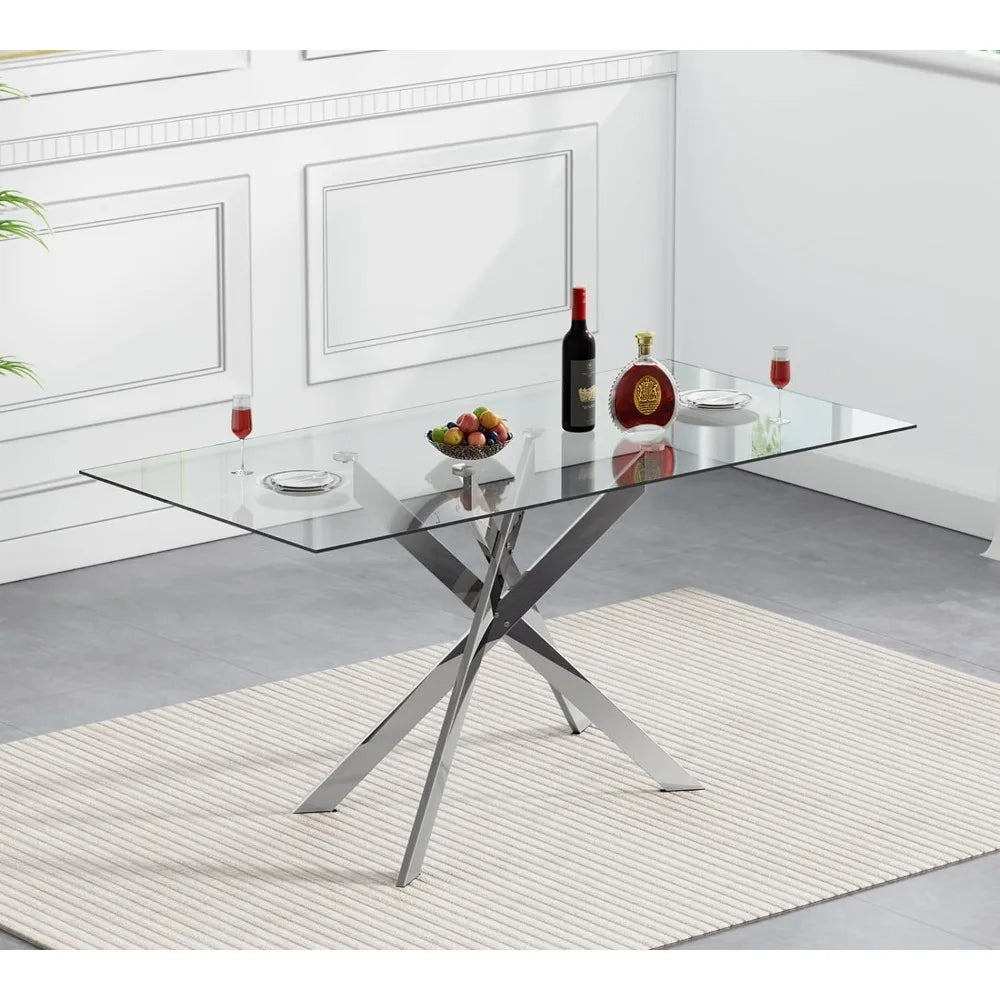 Mesa de comedor de vidrio Mesas de cocina modernas con tapa de vidrio para 4 personas con patas de metal cromado, mesa de comedor rectangular de 51 "Mesa de cocina