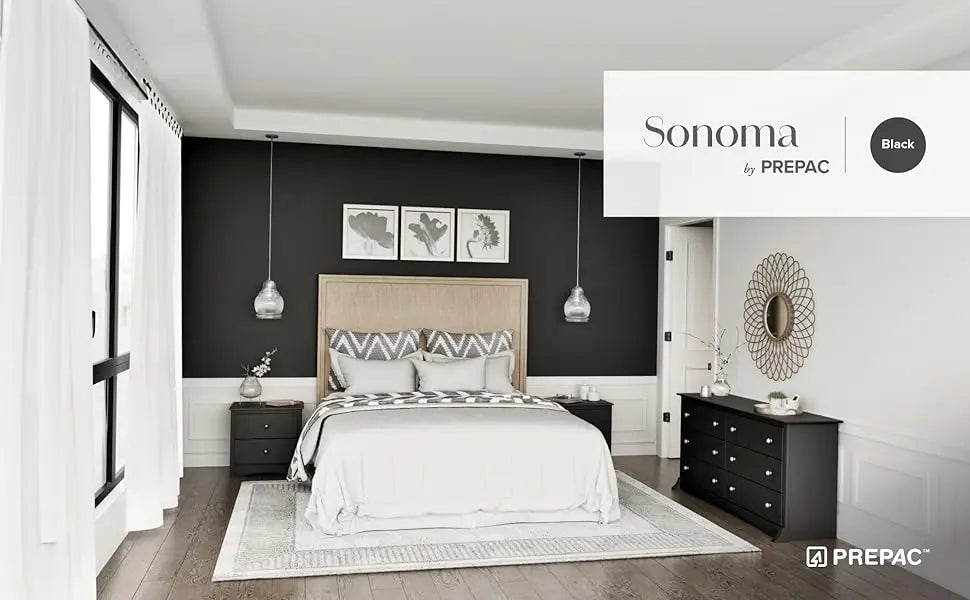 Prepac Sonoma bedroom furniture: Black double dresser for bedroom, chest of drawers, traditional bedroom dresser, 59 "W x 16" d