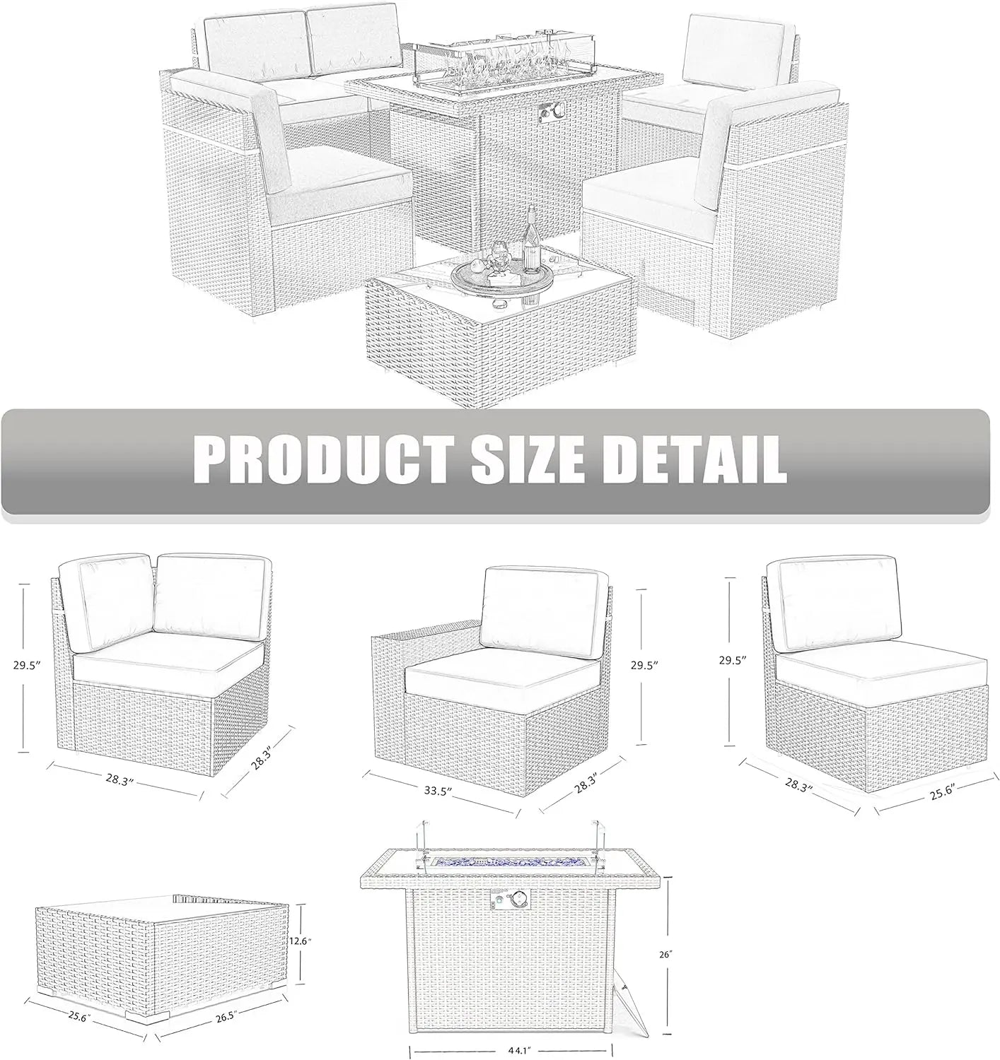 Juego de muebles de patio de 8 piezas con mesa para fogata a gas propano de 44", juego de sofá de mimbre y ratán y mesa de centro Rattan Möbel