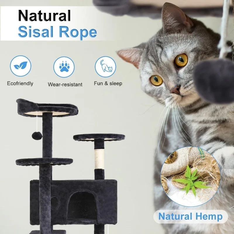 Cat Tree 54in Multi-Level Durable Cat Scratching Post & Cozy Fun Jumping Platform Space Saving Condo Pet Play House for Indoor