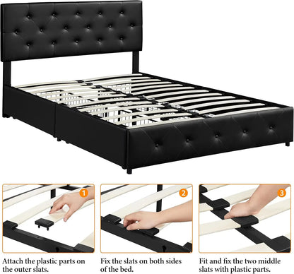 Queen Size Upholstered Bed Frame with 4 Drawers and Adjustable Headboard, Faux Leather Platform Bed