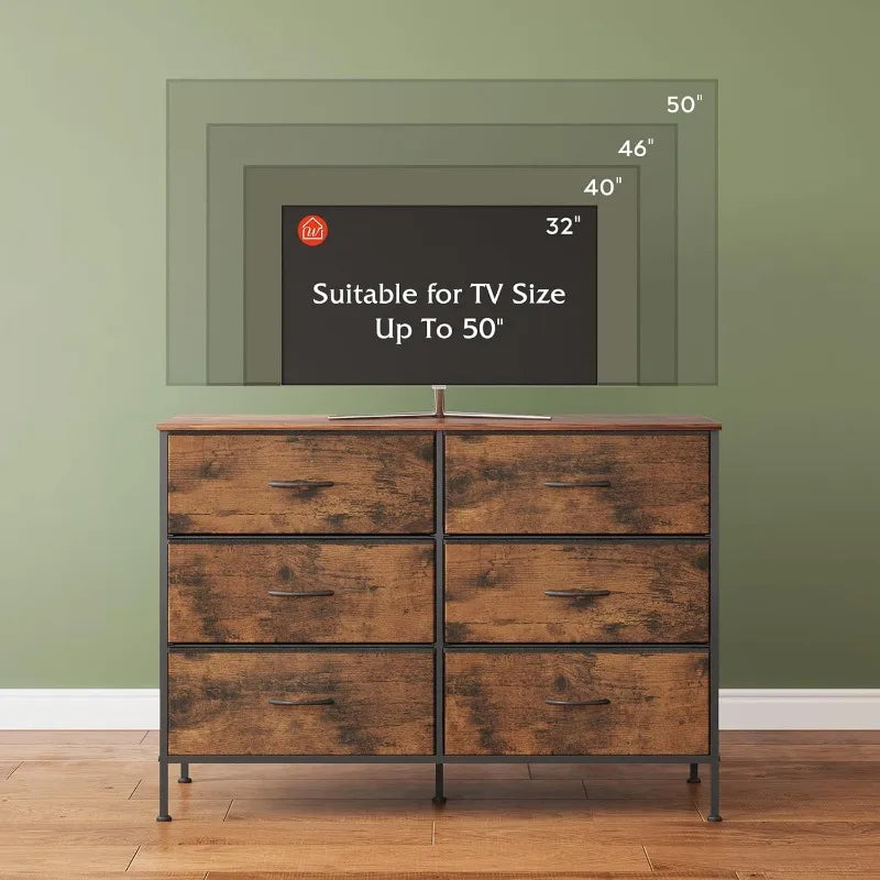 Wide Dresser with 6 Drawers, TV Stand for 50" TV, Entertainment Center with Metal Frame, Wooden Top, Fabric Storage Dresser for