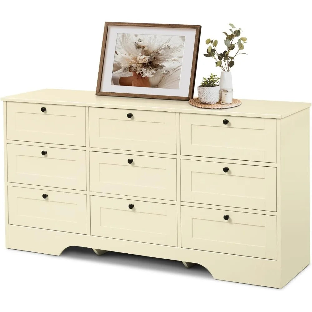 9 Drawer Dresser, White Long Dresser for Bedroom, Modern Wood Wide Dresser, Large Storage Chest of Drawers for Living Room