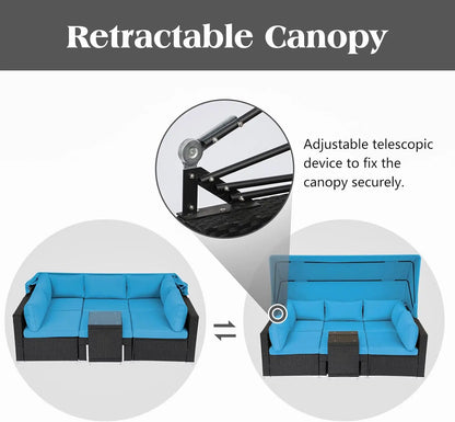 Ensemble de meubles de patio 7 pièces, lit de repos avec auvent rétractable, ensemble de canapé sectionnel en rotin, chaises de patio en osier