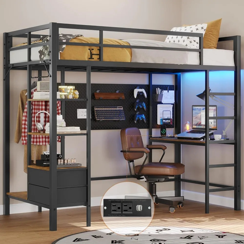 Twin Size Loft Bed with Desk and Led Lights Junior Loft Bed with Charging Station & Storage Shelves and Drawers Twin Metal Bed