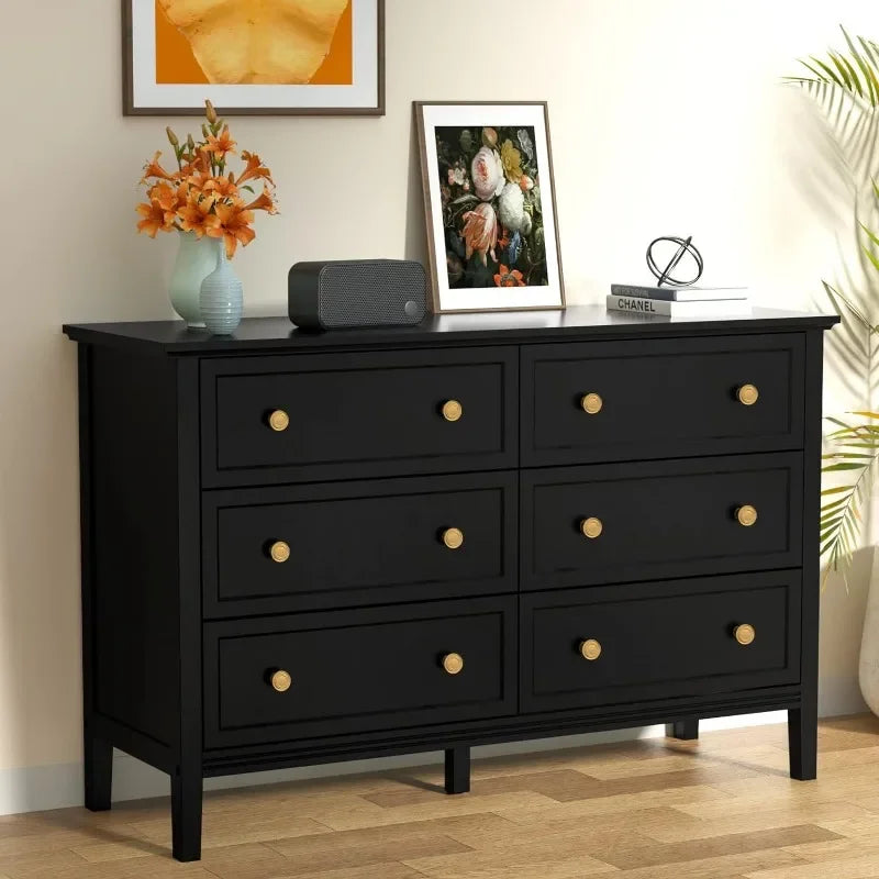 Commode blanche, commode moderne pour chambre à coucher, commode double à 6 tiroirs avec poignées en métal, commode