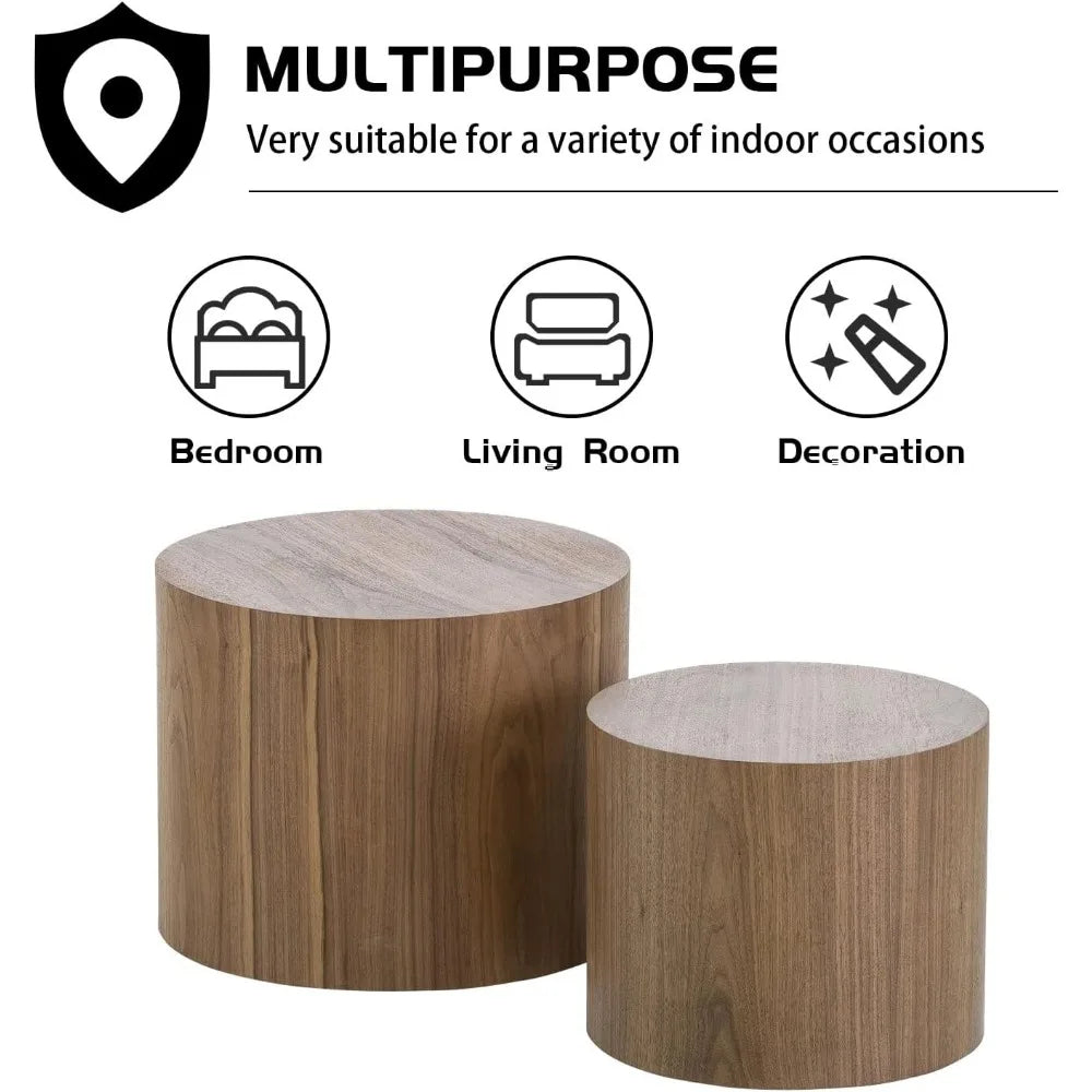 Nesting Coffee Table Set of 2, Walnut Round Wooden Coffee Tables Modern Circle Table for Small Space Living Room Bedroom Accent