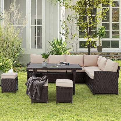 7 Pieces Patio Furniture Set, Outdoor Sectional Sofa Conversation Set, All Weather Wicker Rattan Couch Dining Table & Chair