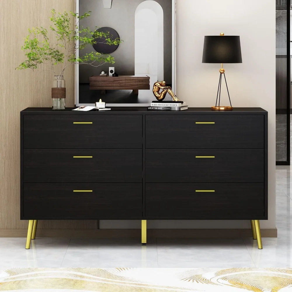 Chest of Drawers 6 Drawer Dresser, Drawer Chest 6 Drawer Cabinet with Gold Metal Legs, Modern & Contemporary Dresser