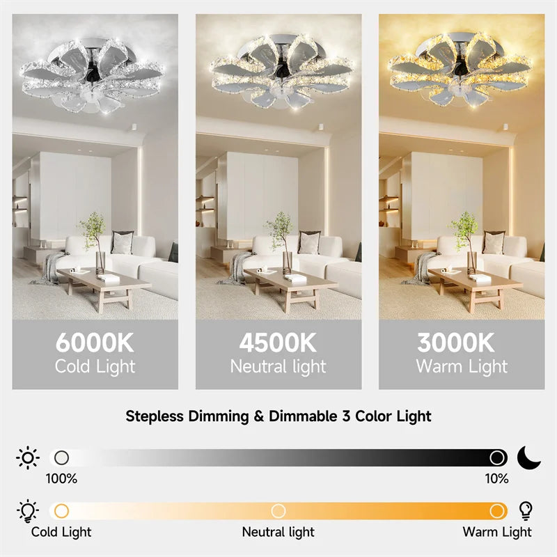 Ventilateur de plafond en cristal de luxe en acier inoxydable, lustre à LED, lampes de ventilateur de plafond chromées, luminaire de salle à manger