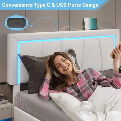 Cadre de lit à LED Queen Size, avec tiroir de rangement et port USB, tête de lit moderne rembourrée en similicuir