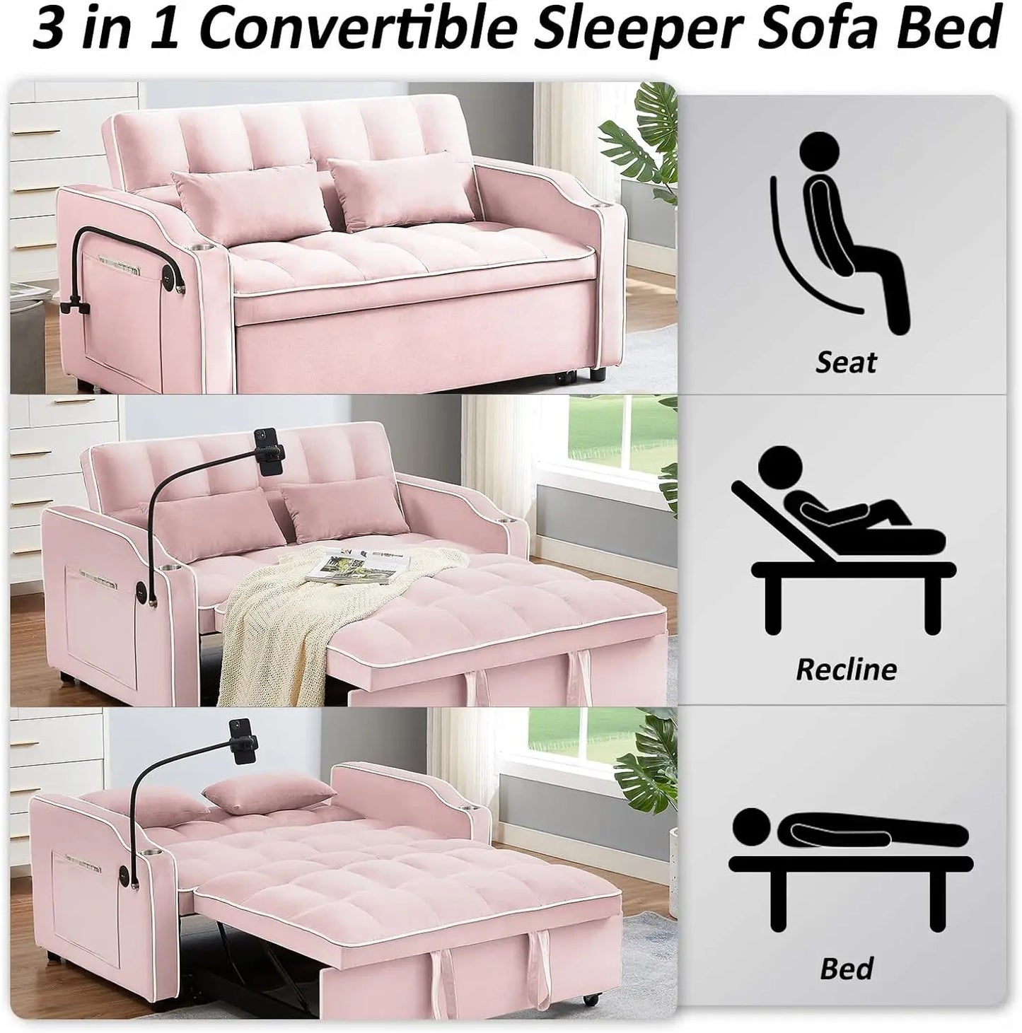 3 in 1 Sleeper Sofa Couch Bed,Velvet Convertible Loveseat Sleeper Sofa Bed,Pull Out Sofa Bed With USB Port & Ashtray