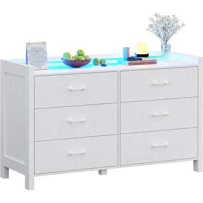 Commode pour chambre à coucher, commode double à 6 tiroirs avec lumières LED, commode en bois, commode de rangement moderne pour chambre à coucher, noire