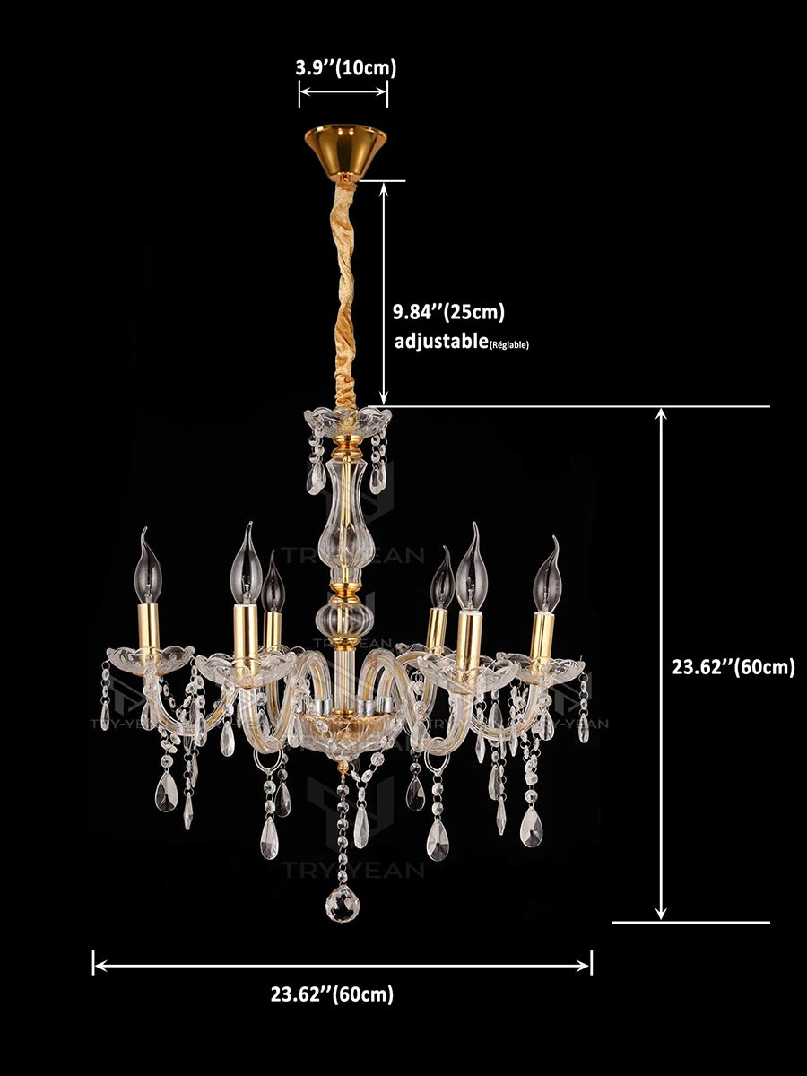 TRY-YEAN Transparent Cognac Crystal Glass 6 Arms Chandelier Glass Living Room Bedroom Dining Room Hanging Lamp Lobby Suspension