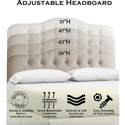 Tête de lit à hauteur réglable Rosevera Givanna avec revêtement en lin et capitonnage à boutons pour chambre à coucher, Queen, beige classique