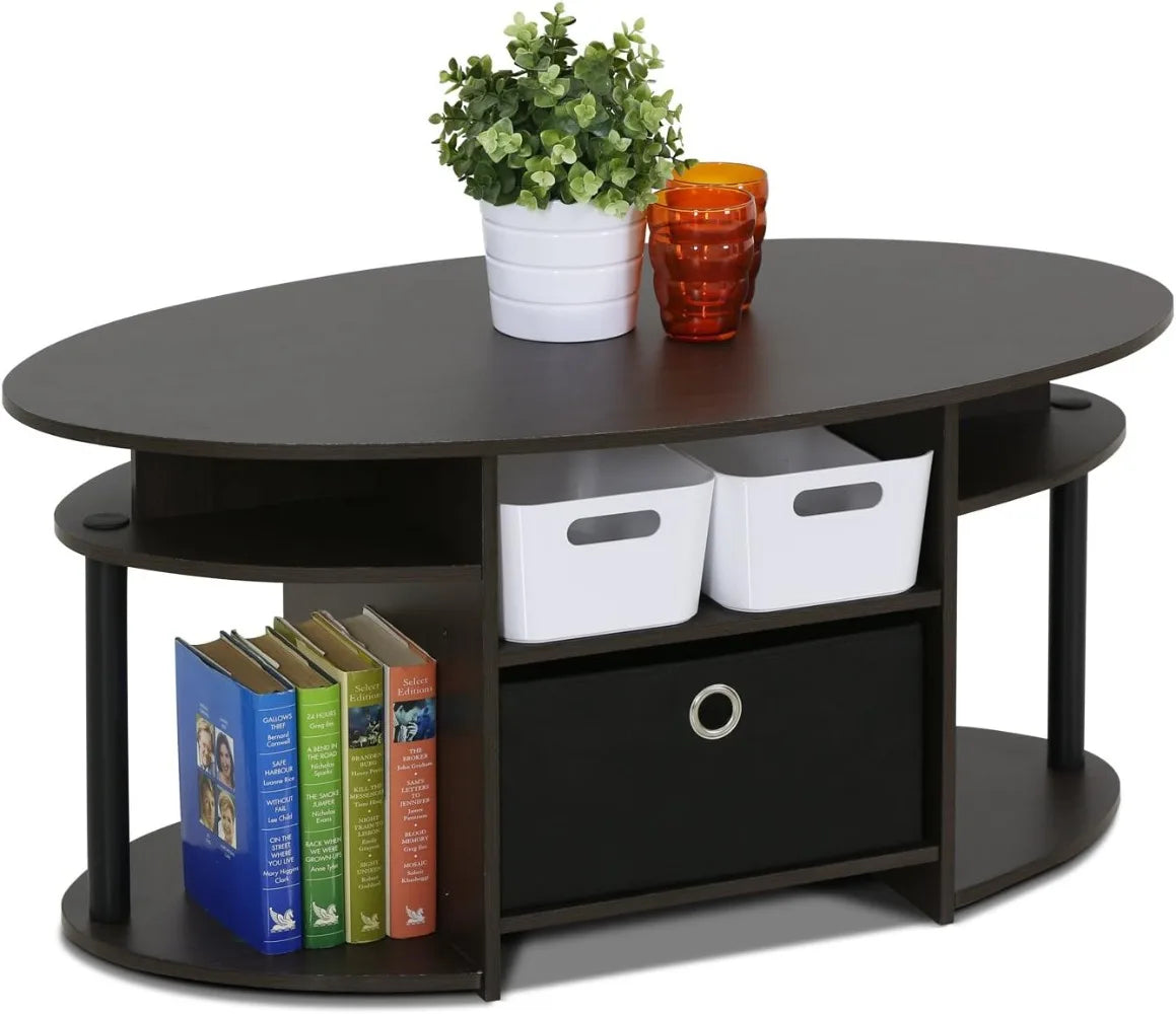 Furinno Jaya Simple Design Oval Coffee Table with Bin for Living Room