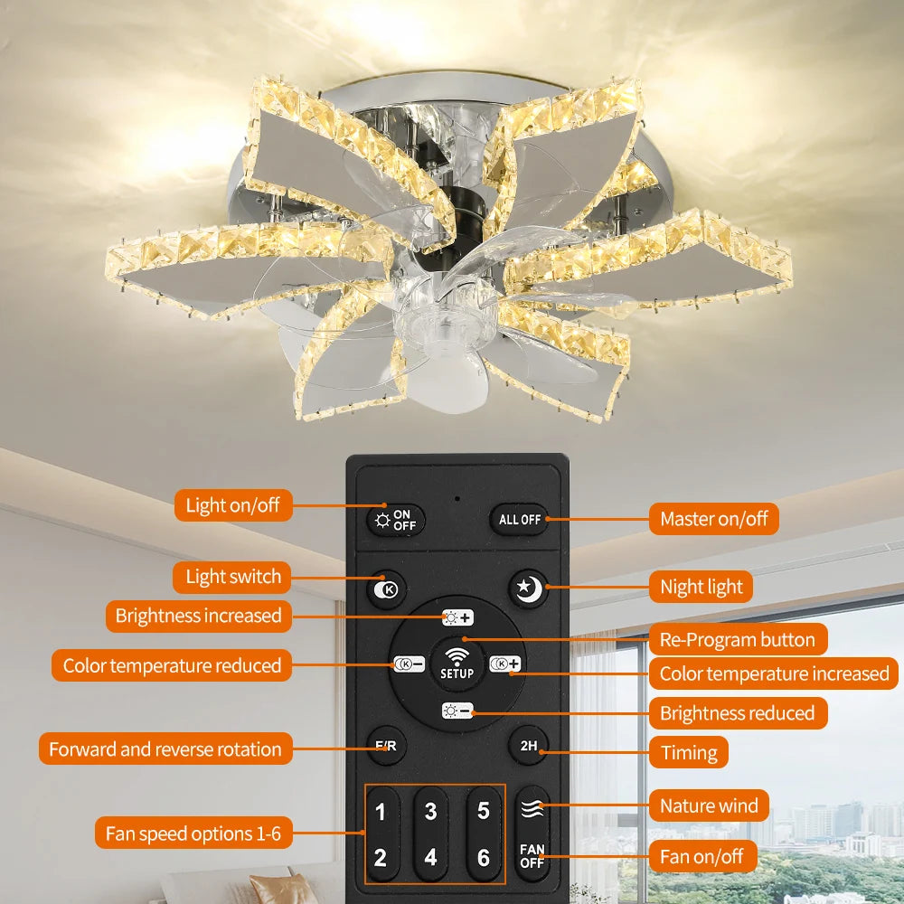 Modern Chandelier Ceiling Fan With Led Lamp Smart Remote Control Crystal Dining Room Fixtures Pendant Hanging Light Porch Lustre