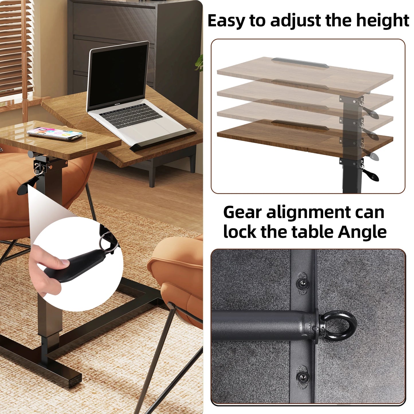 Table de lit réglable avec roulettes Table de chevet inclinable à plateau divisé avec plateau roulant pour ordinateur portable