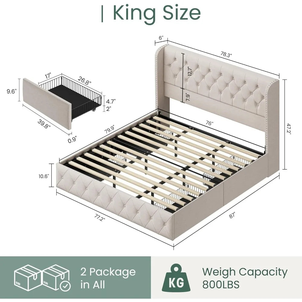 King Size Bed Frame With 4 Storage Drawers And Tufted Headboard Linen Upholstered Platform Wingback Beds,bed Frame