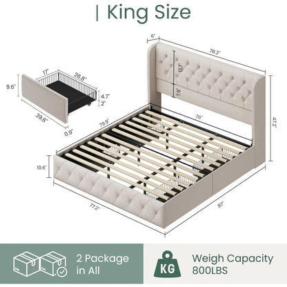 Cadre de lit king size avec 4 tiroirs de rangement et tête de lit capitonnée Lits à oreilles à plateforme rembourrés en lin, cadre de lit