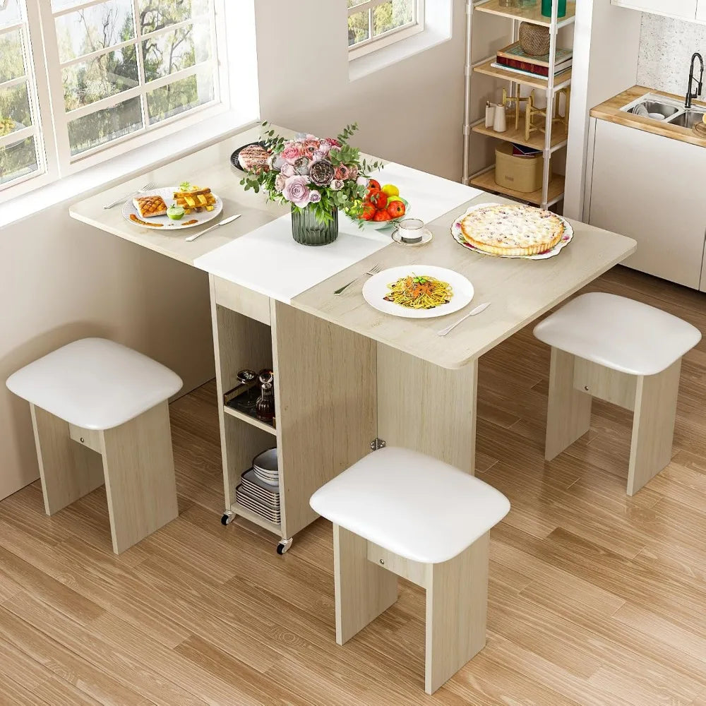 Table à manger, ensemble de table à manger pliante pour 4 personnes avec 4 chaises en cuir, table à manger pliable peu encombrante avec 6 roulettes