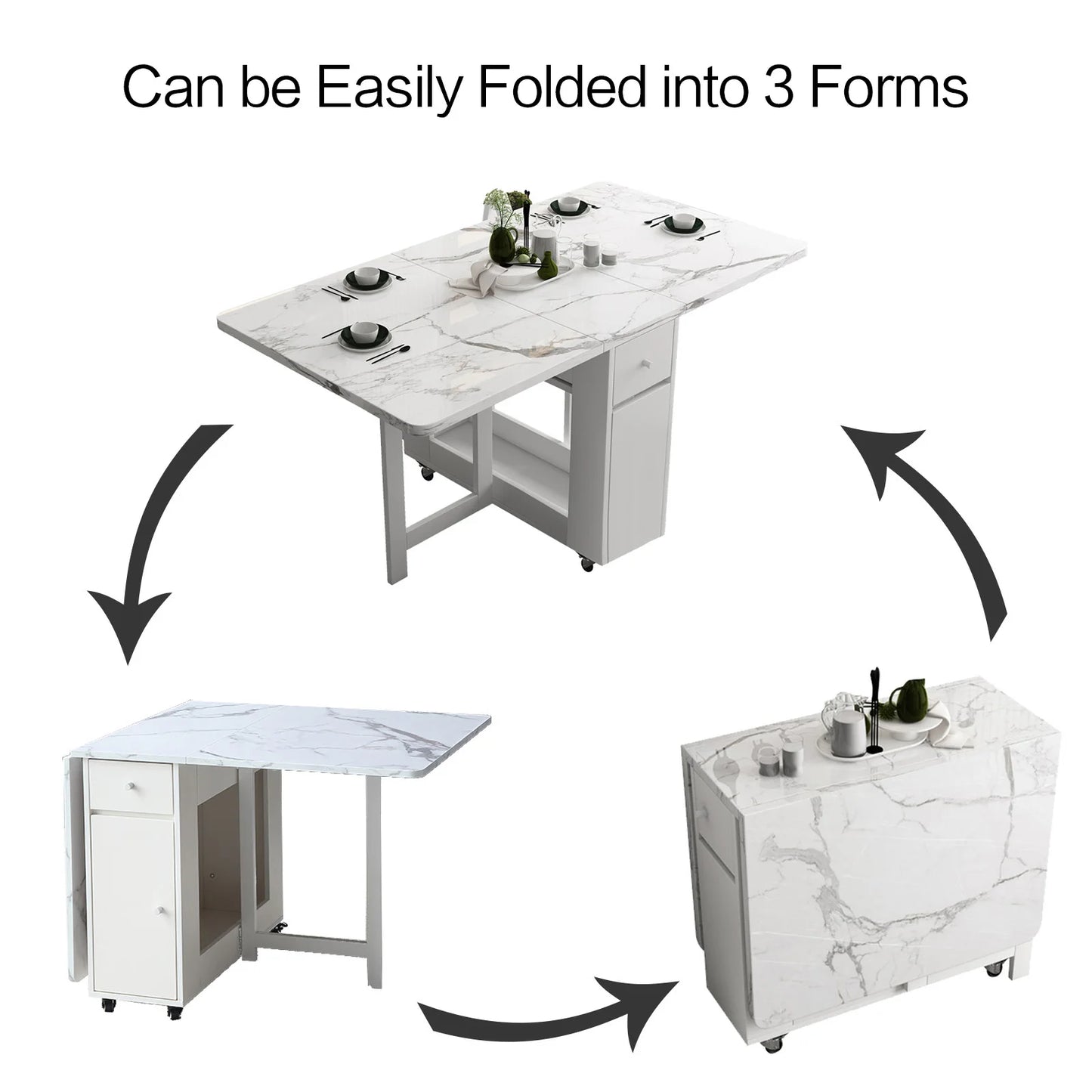 Dining Table with Storage Rack and 2 Drawers, Movable Kitchen Table Extendable Versatile Table Space Saving Foldable in 3 Forms