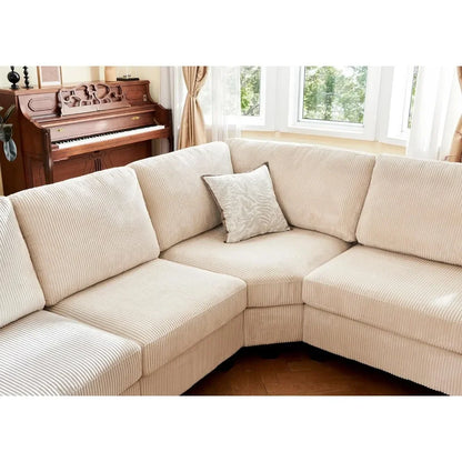 Sectional Sofa with Storage Ottoman, U Shape Sectional Couch Corduroy Modular Sectional Couches for Living Room, Beige