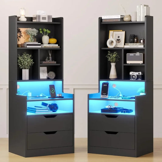 Ensemble de 2 tables de chevet de chargement avec lumières LED, table de chevet haute avec étagère, table de chevet avec tiroirs, tables d'appoint noires