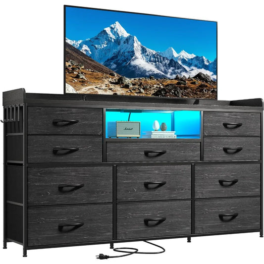 Commode TV EnHomee avec 11 tiroirs pour meuble TV 60" pour chambre à coucher avec lumières LED et prises de courant Commode longue pour chambre à coucher