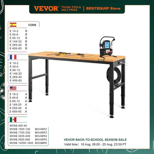 Vevor Heavy-Duty Workbench 72cm Adjustable Height Oak Wood Hardwood Top Work Table 900KG Load Capacity for Office Home Workshop