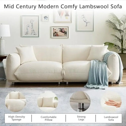 3 Seater Oversized Cloud Couch Loveseat Sofa w/2 Pillows,Comfy Sherpa Lambswool Fabric Modular Sectional Sofa w/Metal Legs,White