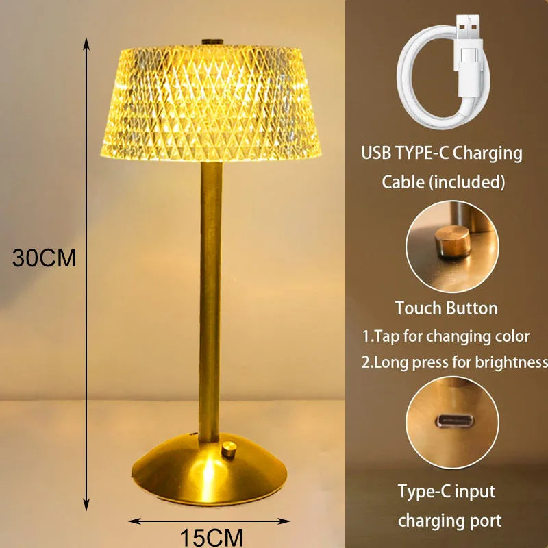 Lámparas de mesa de cristal con forma de diamante, estilo retro, LED, para escritorio, barra, recargable vía USB, luz nocturna con protección para los ojos, para dormitorio, hotel, oficina, boda