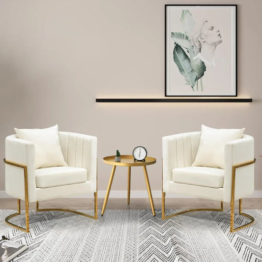 Lot de 2 chaises d'appoint, fauteuil tonneau rembourré moderne avec coussin pour salon, chaise confortable pour chambre à coucher, blanc