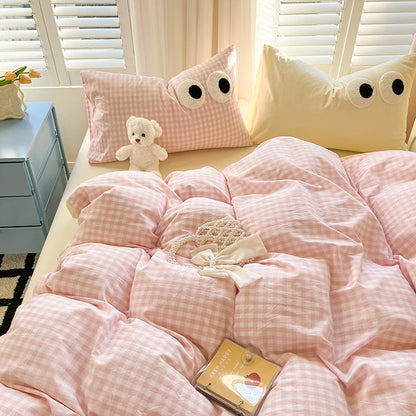 Cute Korean Big Eyes Duvet Cover Set with Sheet Pillowcase No Filler Kids Girls Pink Plaid Home Bedding Washed Cotton Bed Linen