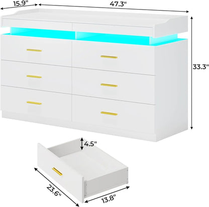 Commode LED pour chambre à coucher en bois, 6 tiroirs avec 2 plateaux coulissants, commode pour chambre à coucher, commode large moderne pour salon