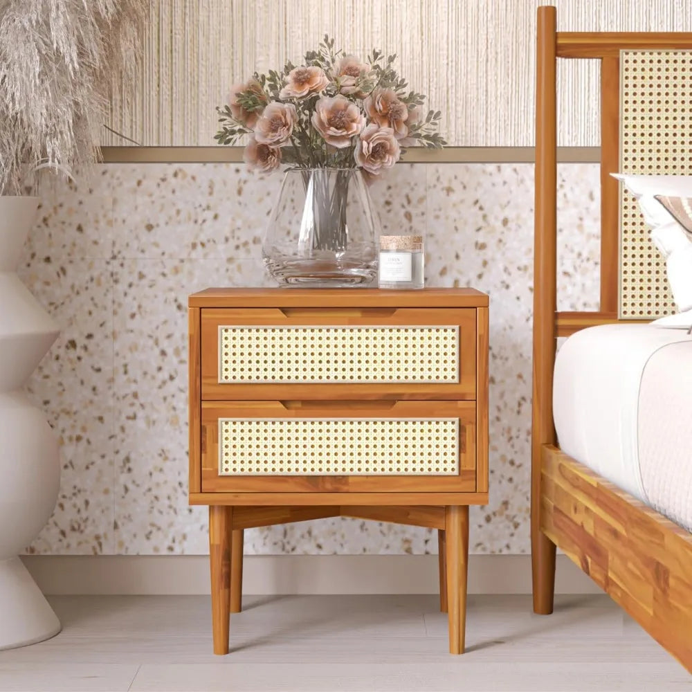 Bed Table 2-Drawer Bedside Tables Oliver Solid Wood Rattan Nightstand/Side End Table Fully Assembled Furniture Sofa Bedroom Home