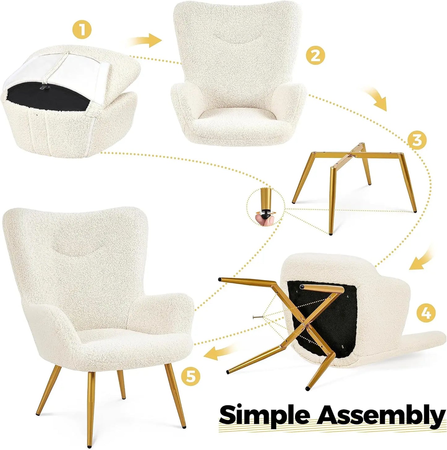 Accent Chair and Ottoman Set, Sherpa Armchair with Golden Metal Legs and High Back, Footstool for Living Room, Lounge, Ivory