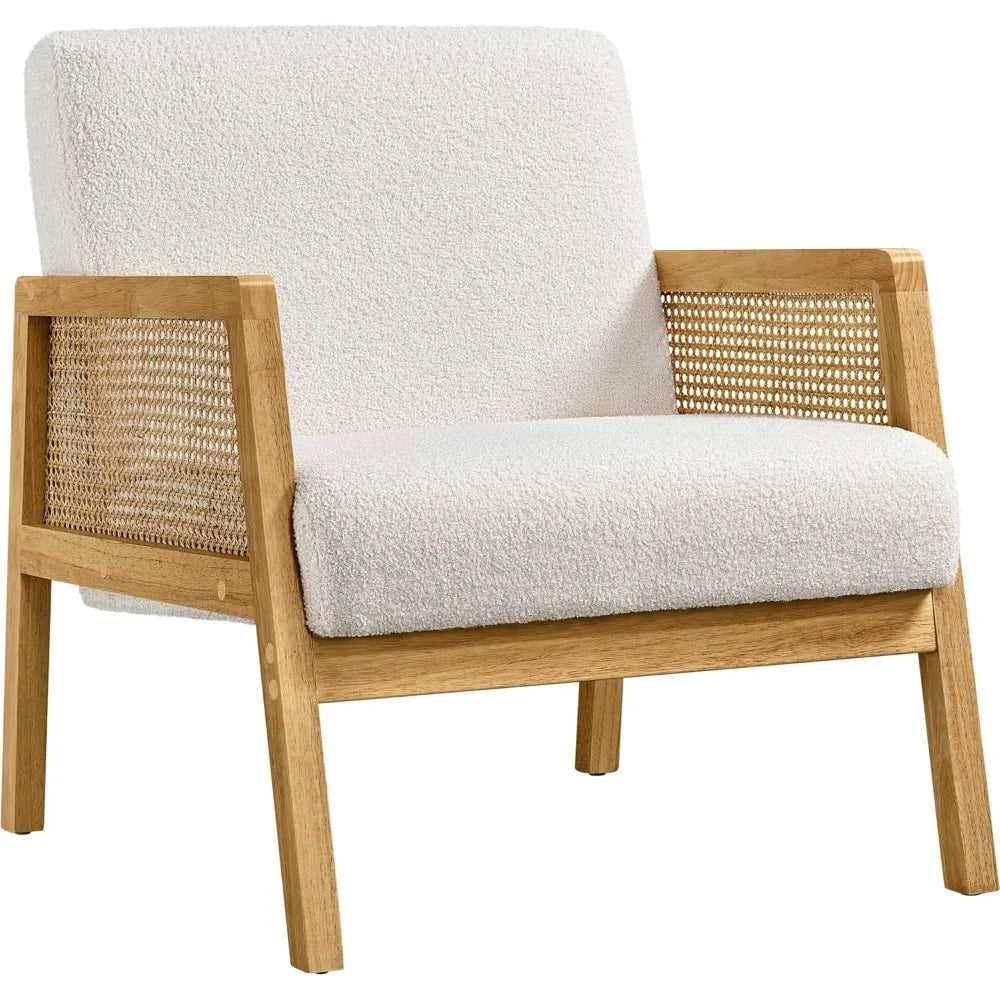 Boucle Fabric Accent Chair, Vintage Rattan Vanity Chair with Wood Armrest and Legs for Living Room Bedroom Makeup Room, Ivory 1