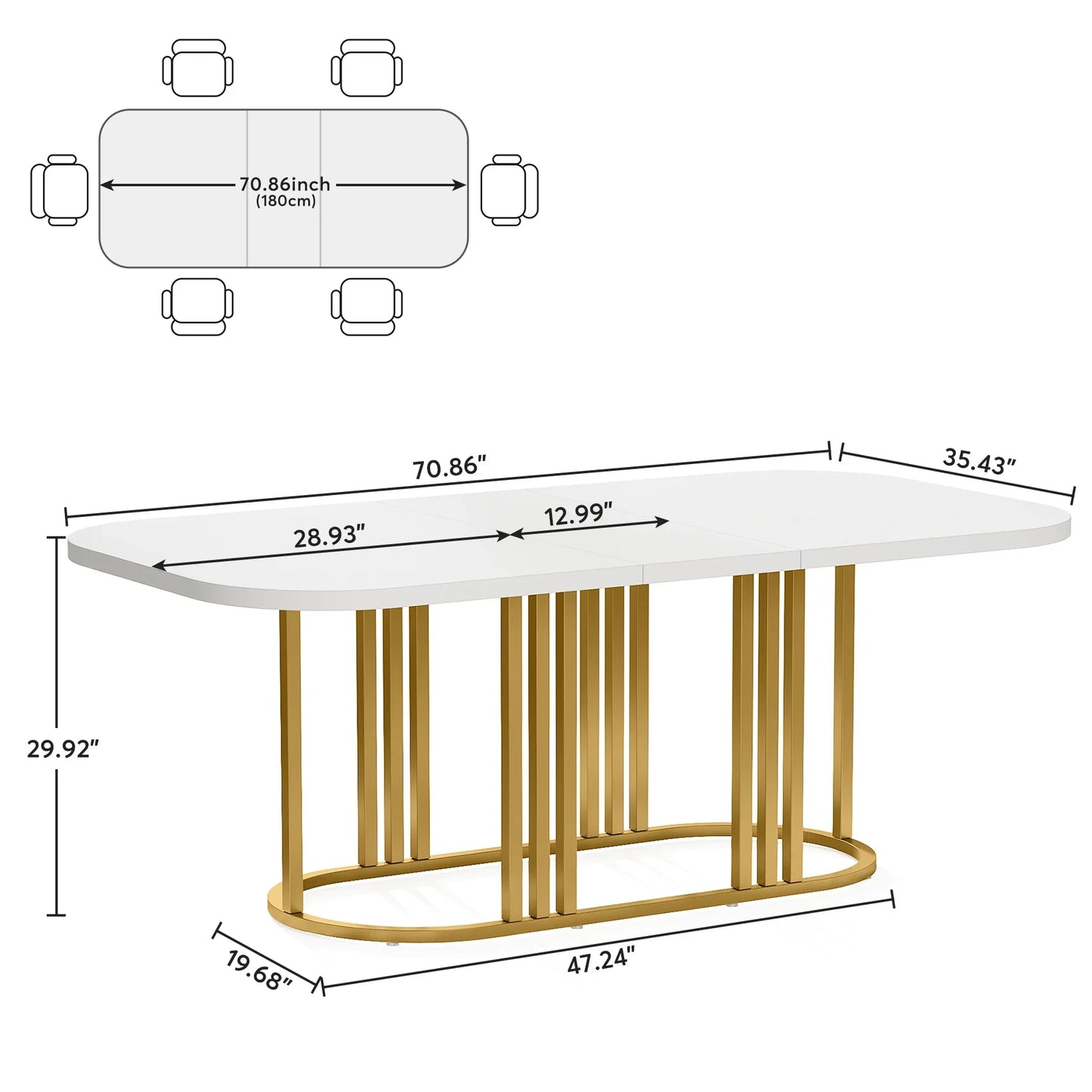 Mesa de cocina moderna blanca de 71" para 6 personas, comedor rectangular con marco de metal ovalado resistente, blanco/dorado