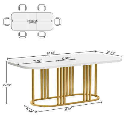 Mesa de cocina moderna blanca de 71" para 6 personas, comedor rectangular con marco de metal ovalado resistente, blanco/dorado