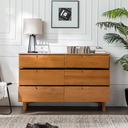 Commode en bois à poignée rainurée moderne du milieu du siècle, rangement de chambre à coucher, tiroir, organisateur de placard, couloir, 6 tiroirs